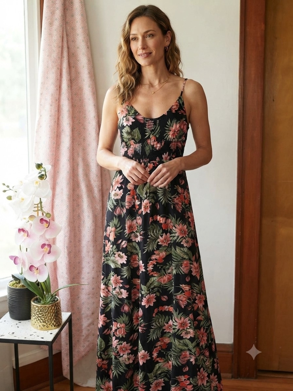 Ambiance Black Maxi Dress with Pink Floral Print It has an opening on the side